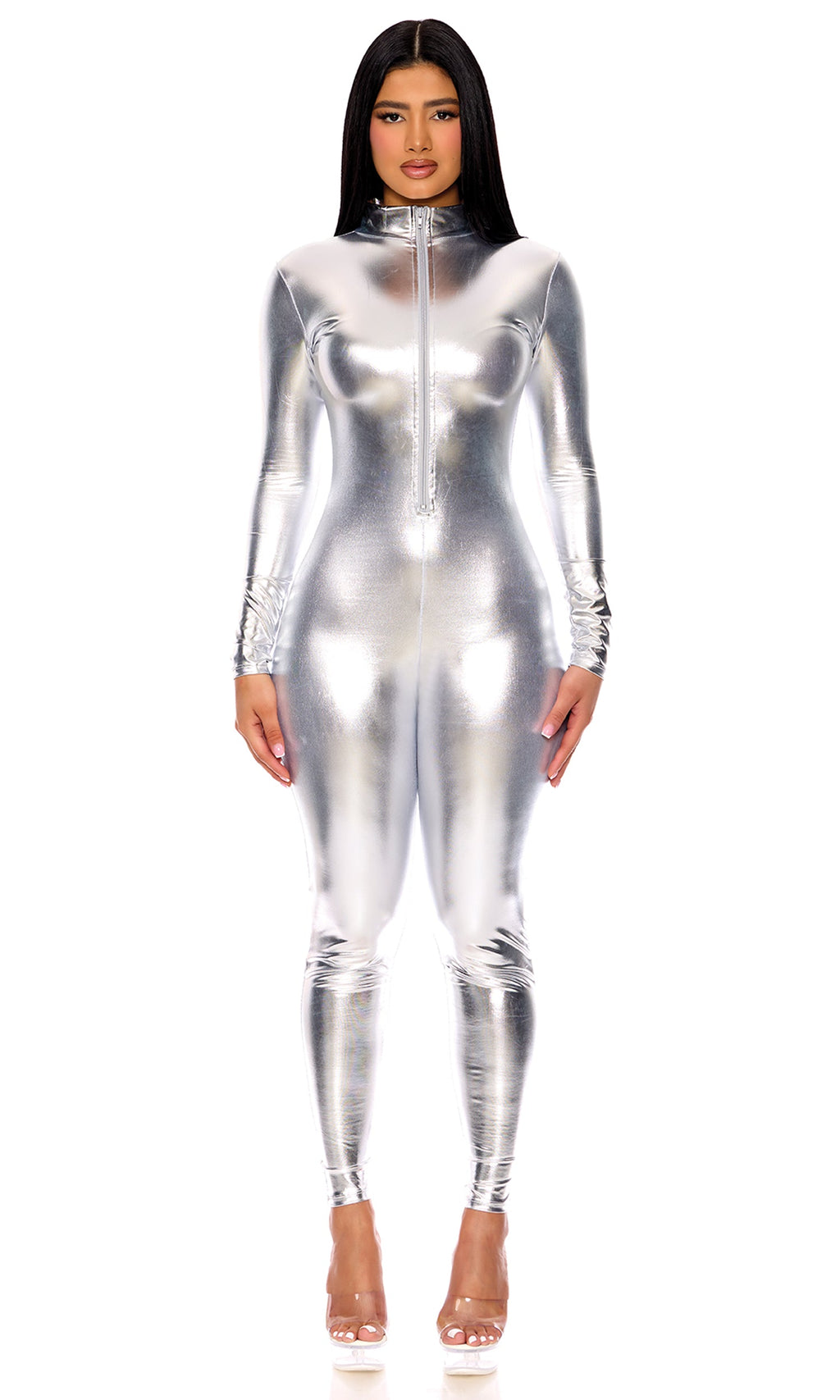 Metallic Mock Neck Zipfront Sexy Catsuit