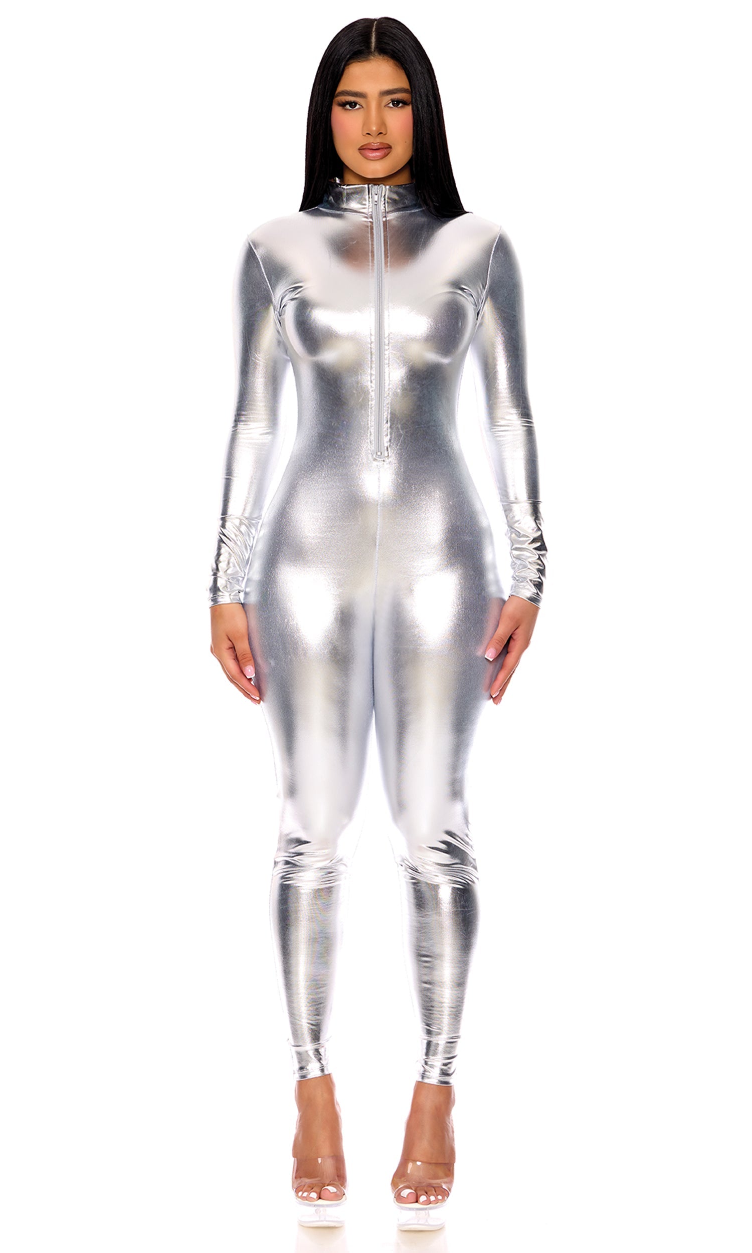 Metallic Mock Neck Zipfront Sexy Catsuit