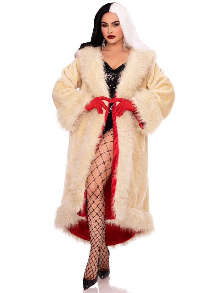 Plus Size Villainess Satin Lined Faux-Fur Coat with Tail Shawl Collar