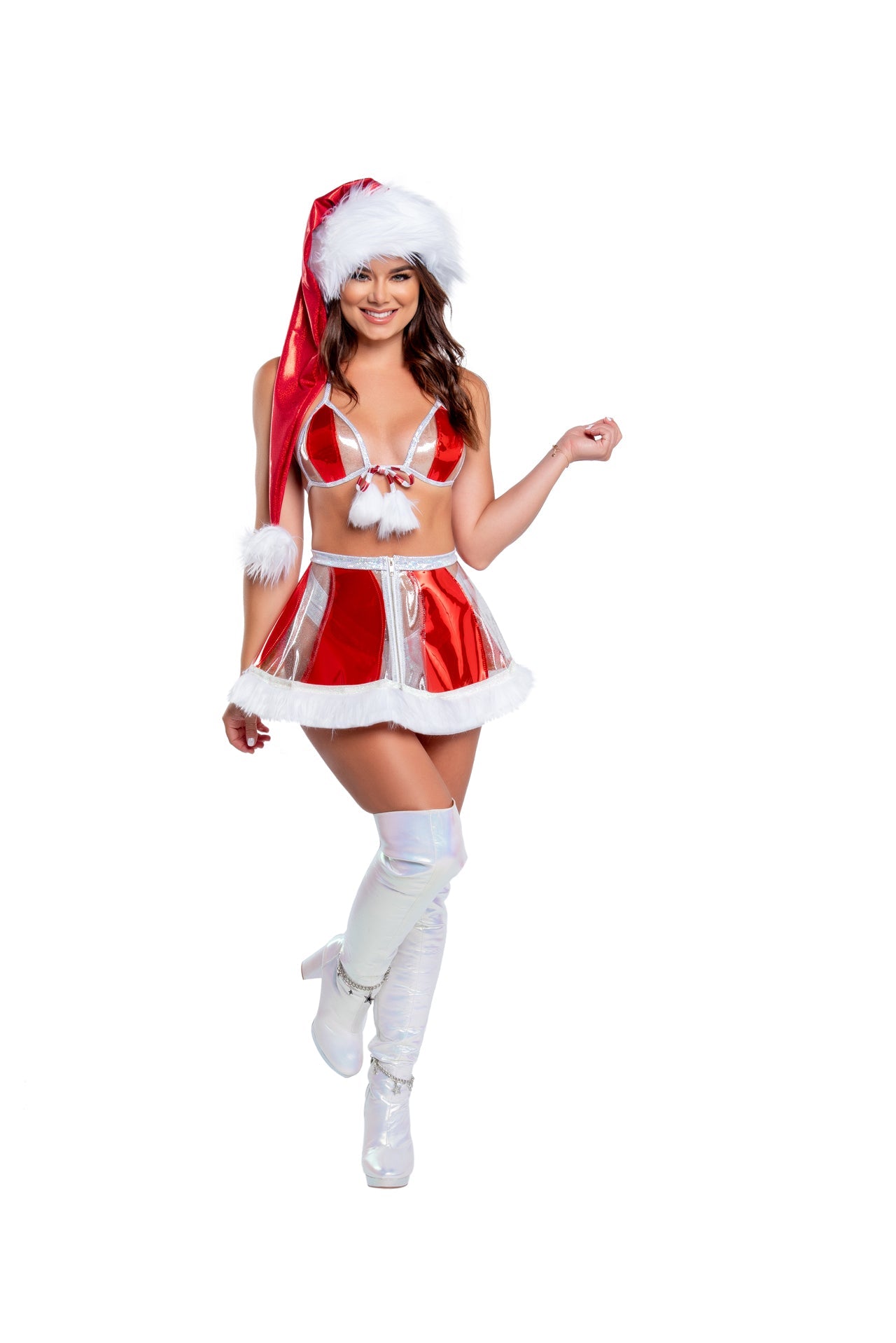 CH378 - Holographic Vinyl Triangle Top with Fur Pom-Poms***50% OFF