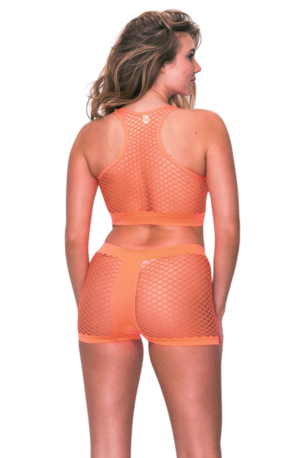 Neon Orange Fishnet Crop Top and Bottoms Set