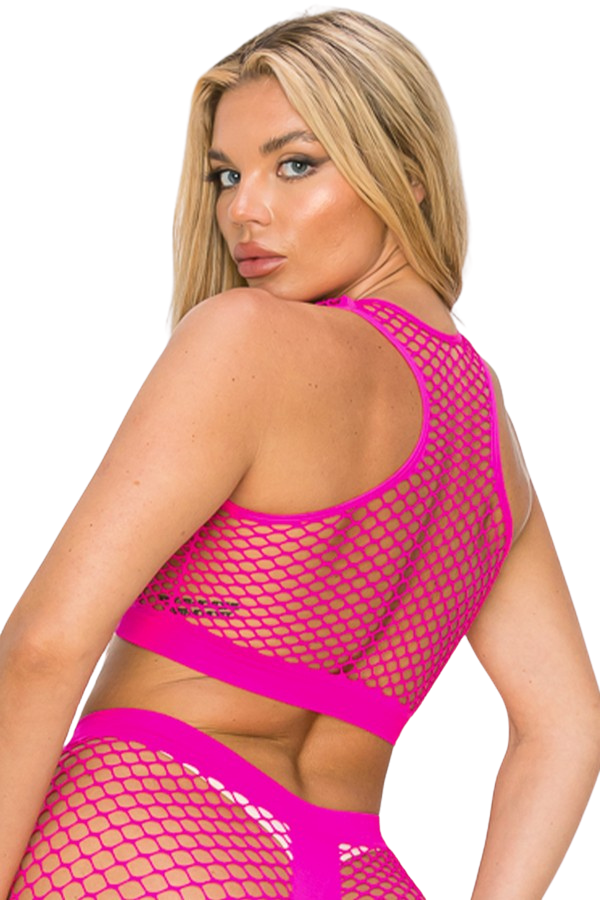 Neon Pink Fishnet Crop Top and Bottoms Set