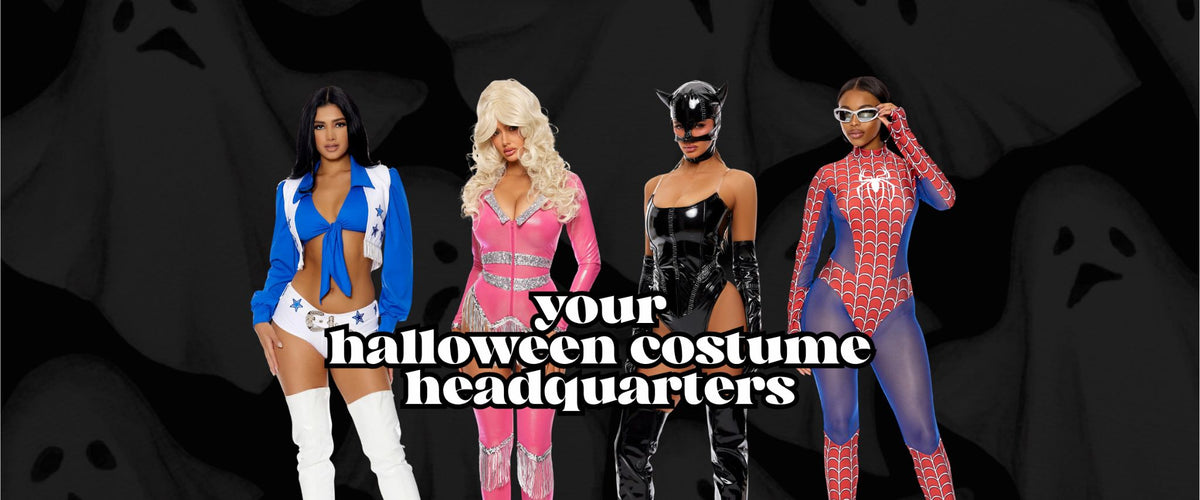 Halloween costume headquarters banner at Electrique Boutique featuring Dallas Cowboys cheerleader, Dolly Parton, catsuit, and superhero costumes