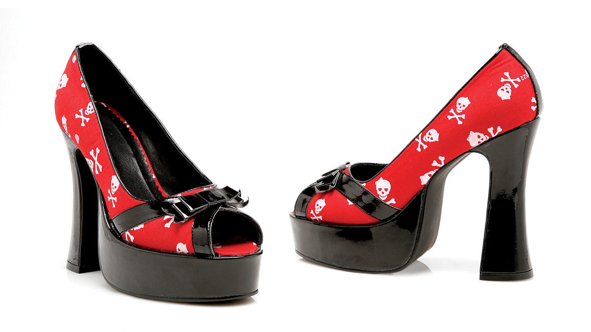 5" Chunky Heel Satin Skull Peep Toe.
