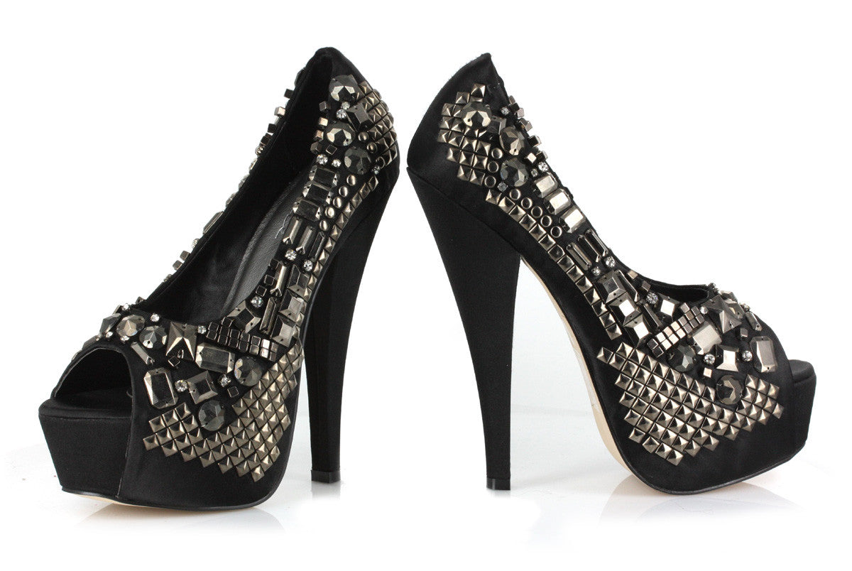 6" Metal And Studded Peep Toe Pump
