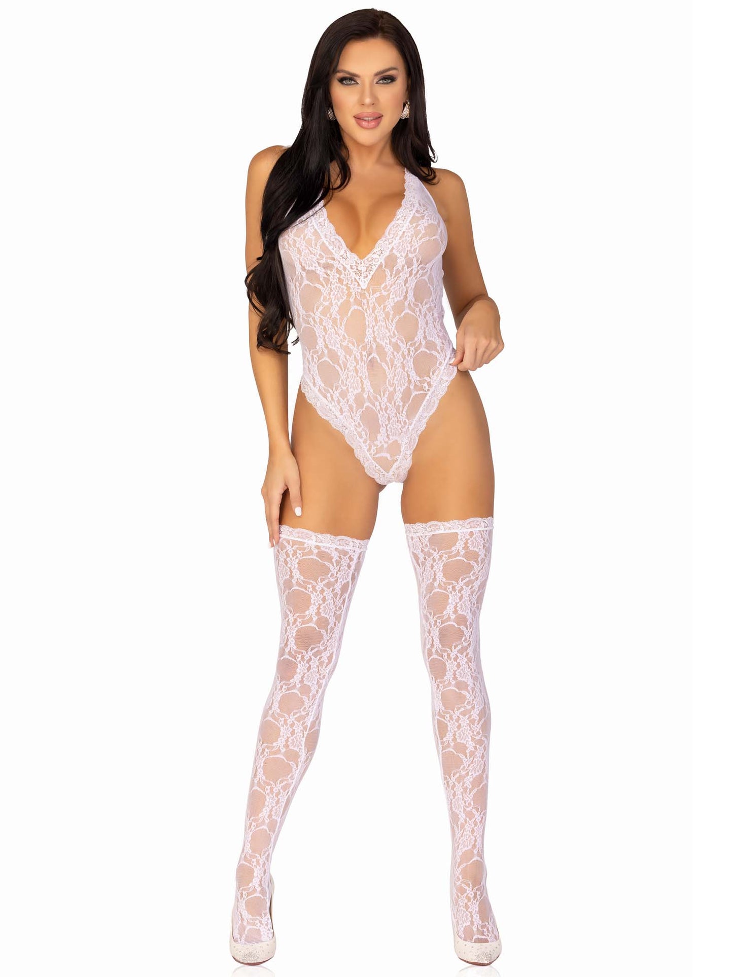 81484 - 2 Pc Floral Lace Deep-V Teddy And Matching Stockings.