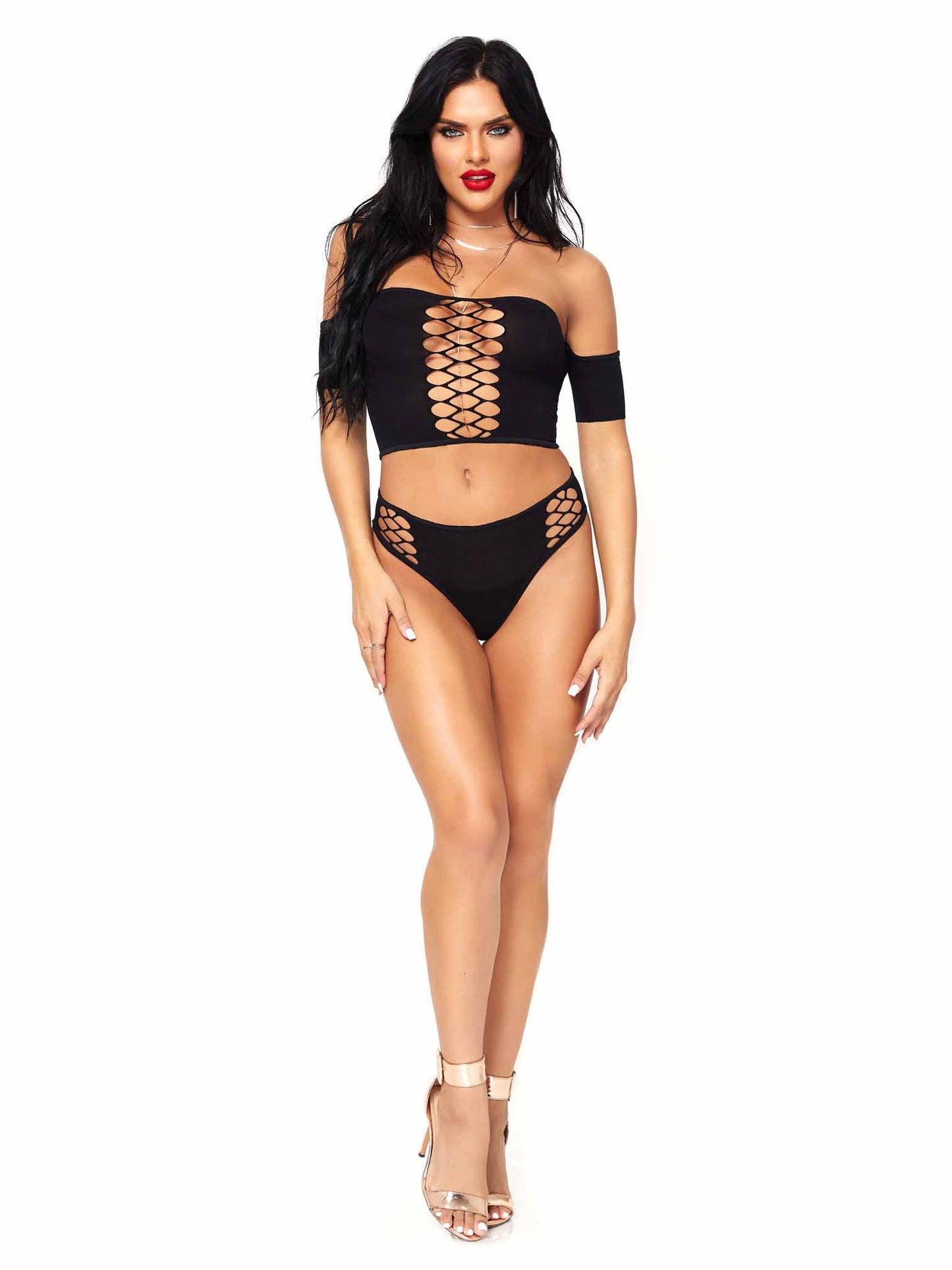 81572 - 2 Pc Opaque Crop Top With Net Detail And Matching Thong Back Bottoms.