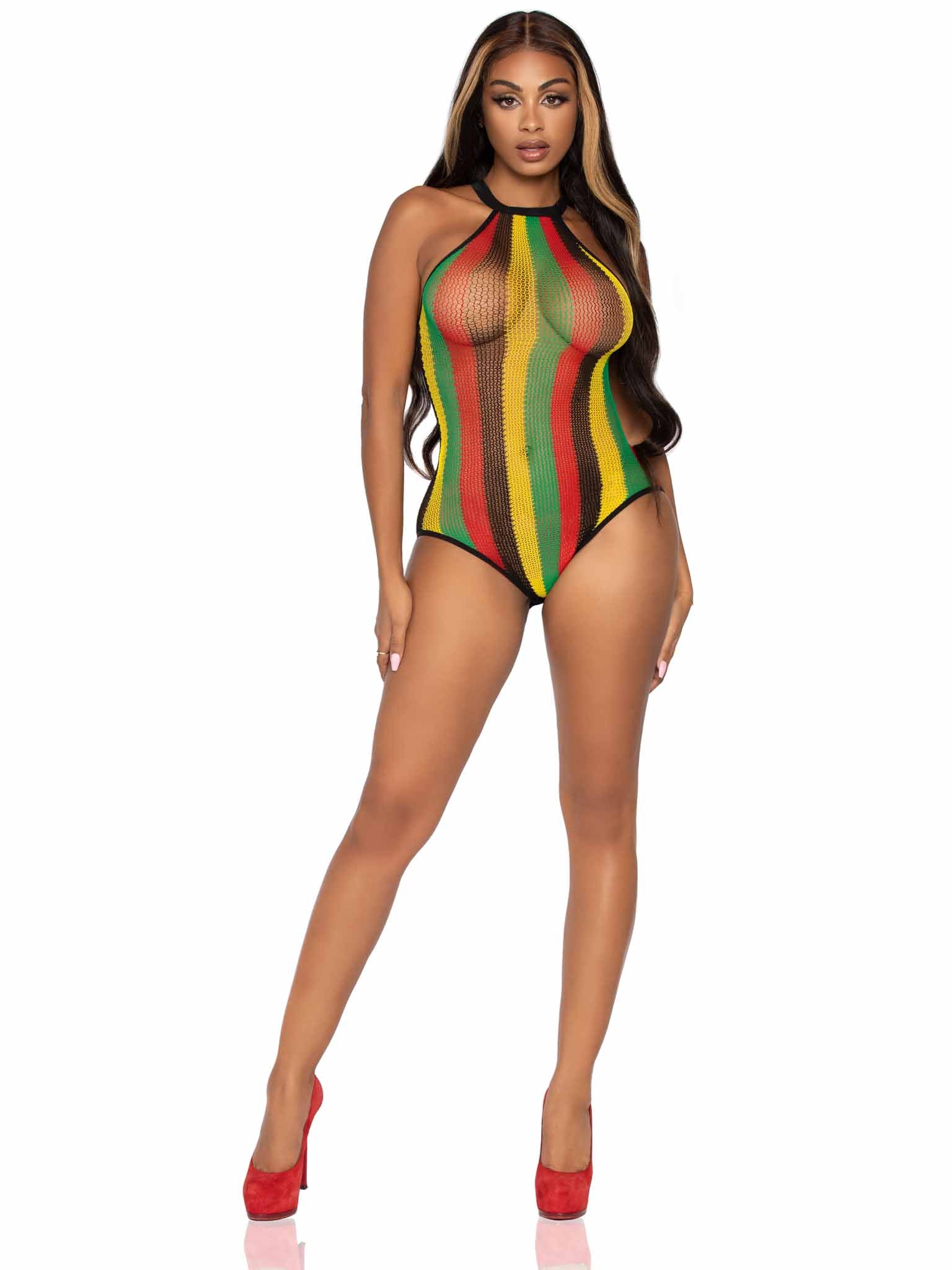 81585 - Rasta Net Racer Back Bodysuit With Snap Crotch.