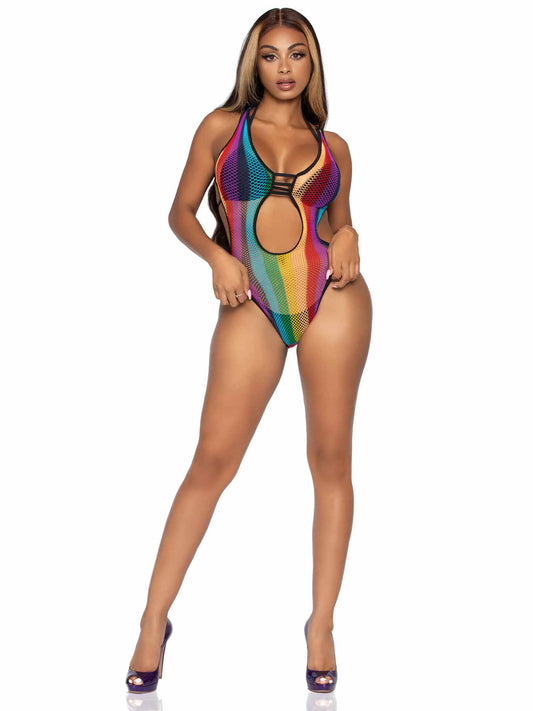 81586 - Rainbow Fishnet Cut Out Bodysuit With Strappy Bikini Back.