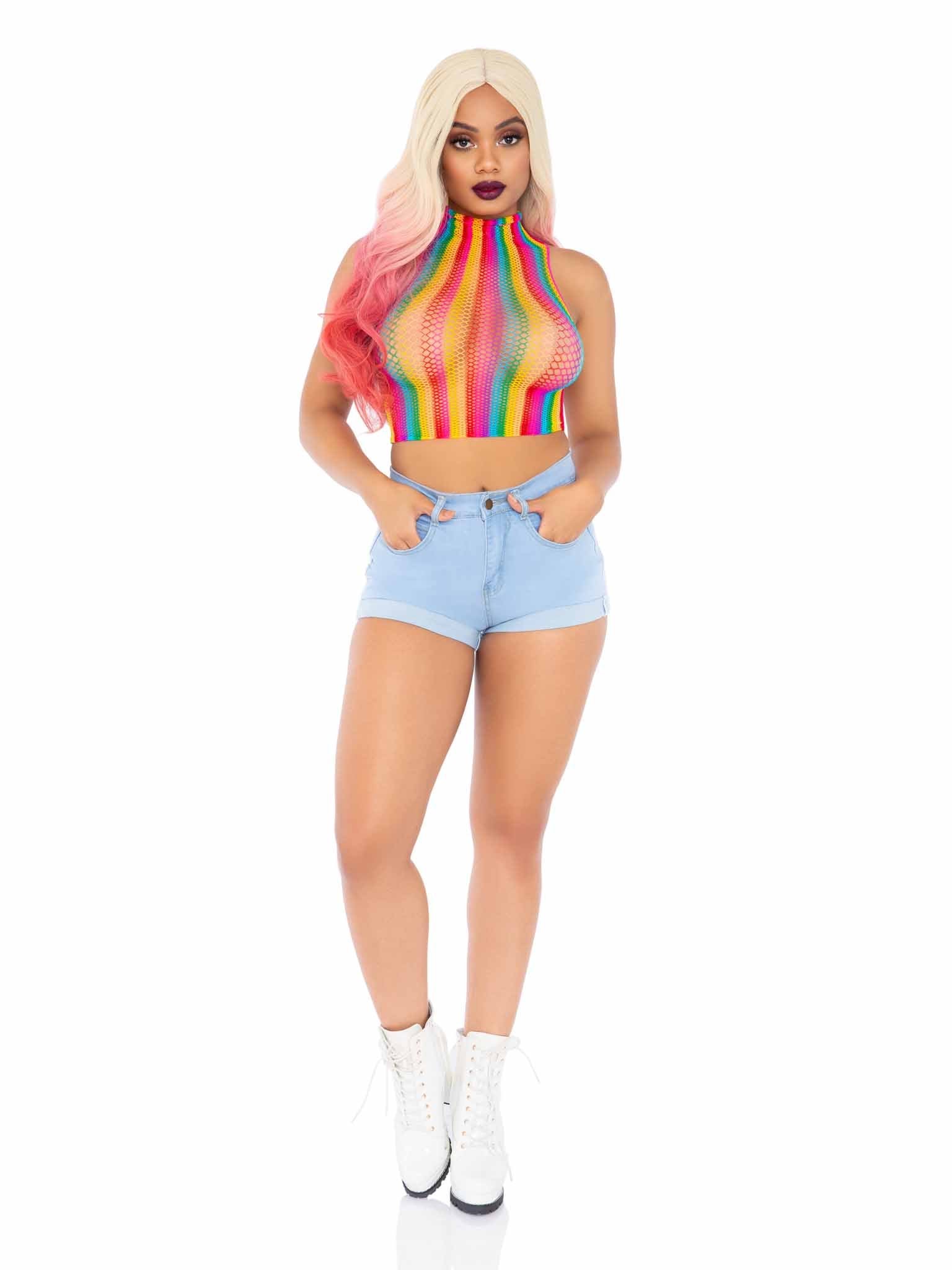 81610 - Rainbow Net High Neck Crop Top.