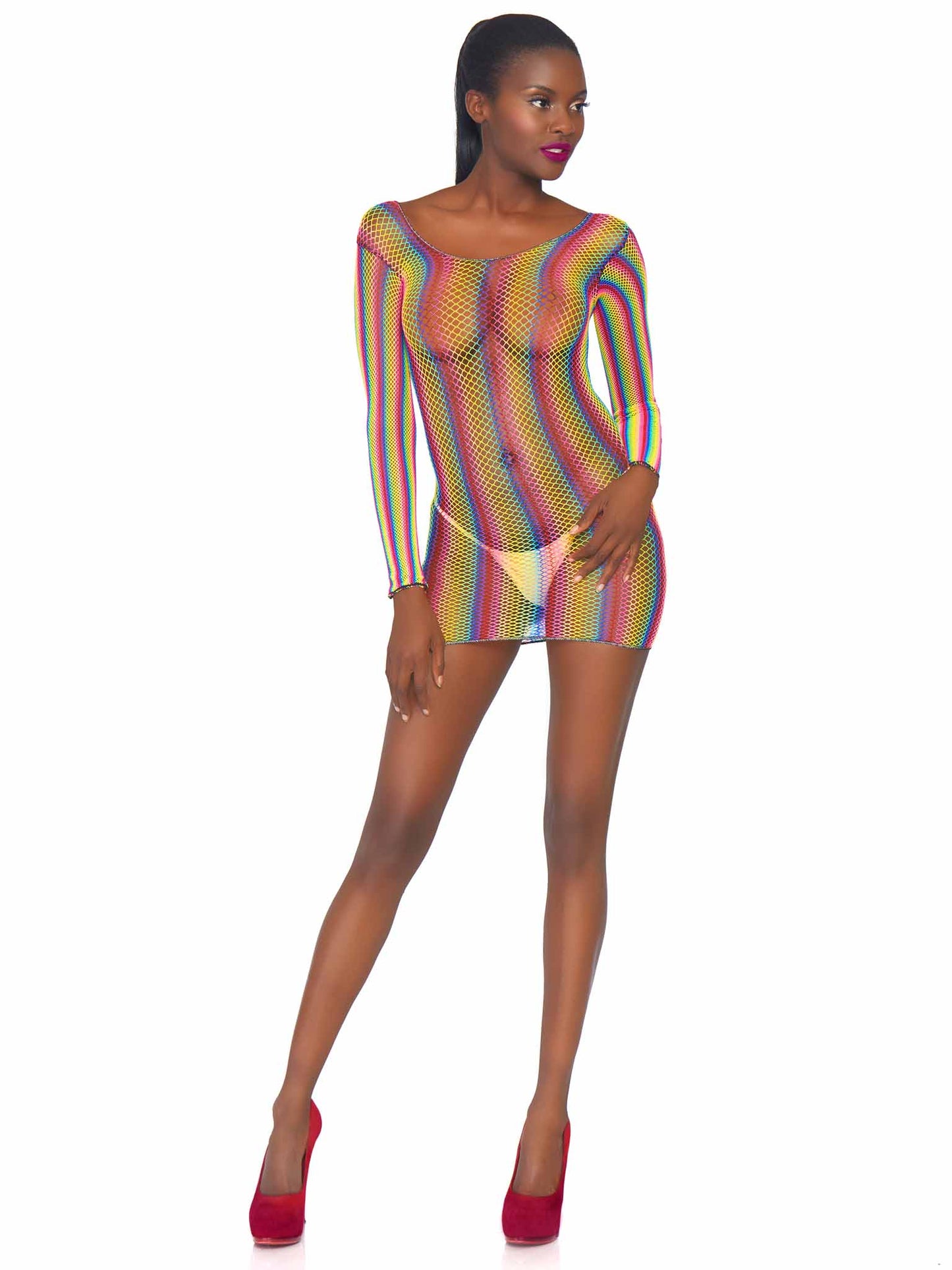 86795 - Rainbow Fishnet Long Sleeved Mini Dress.