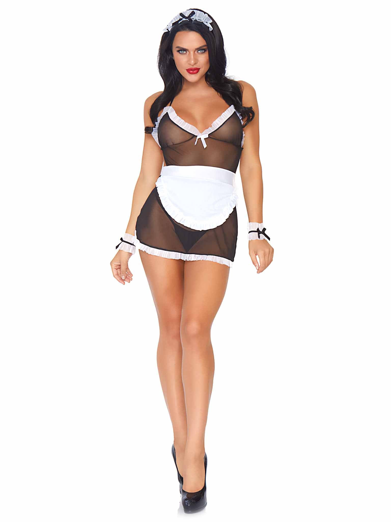 87036 - 4Pc.Seductive French Maid, Apron Dress,G-String,Wrist Cuffs,Headband O/S Black/White