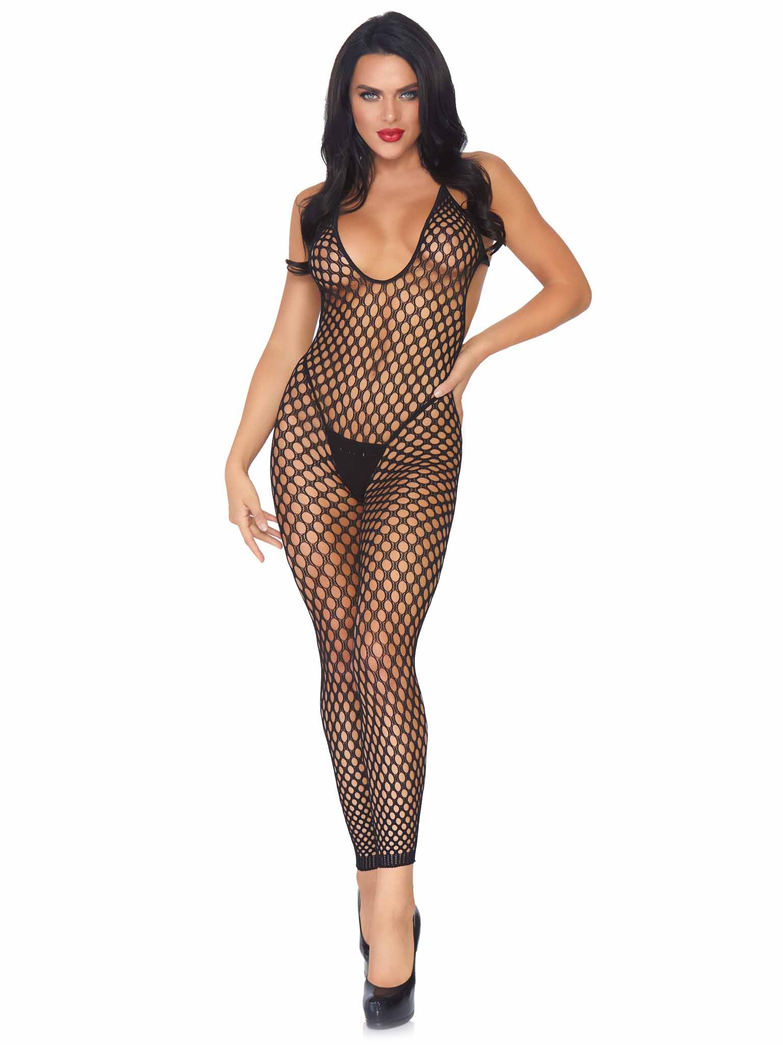 89035 - Seamless Crochet Footless Low Back Bodystockings O/S Black