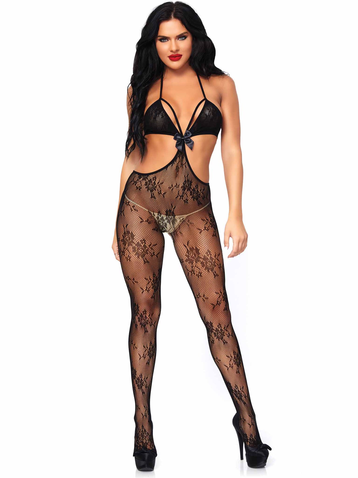 89127 - Floral Lace Strappy Cut Out Bodystocking O/S Black