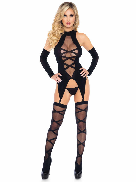 89128 - 3Pc.Opaque Sheer Faux Lace Up Cami Garter, Stockings,Gloves O/S Black