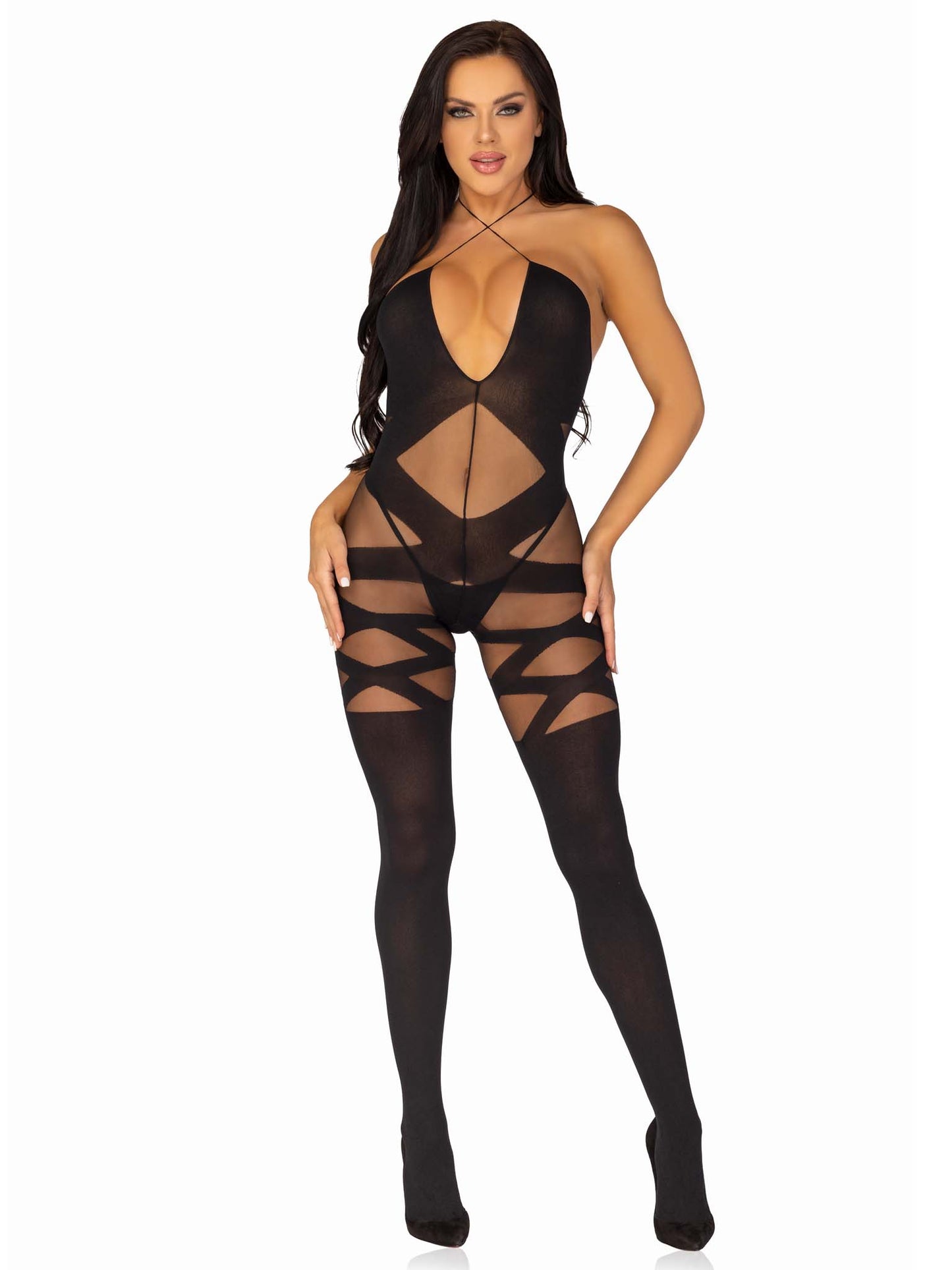 89152 - Opaque And Sheer Illusion Bodystocking With Keyhole Halter Detail O/S Black