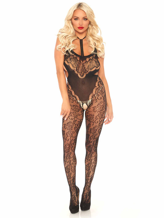89235 - Harness Halter Floral Lace Bodystocking With Side Cut Outs.