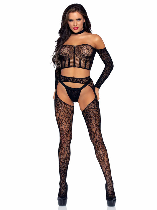 89278 - 3 Pc Lace Long Sleeve Halter Choker Crop Top, Lace Suspender Hose, And G-String.